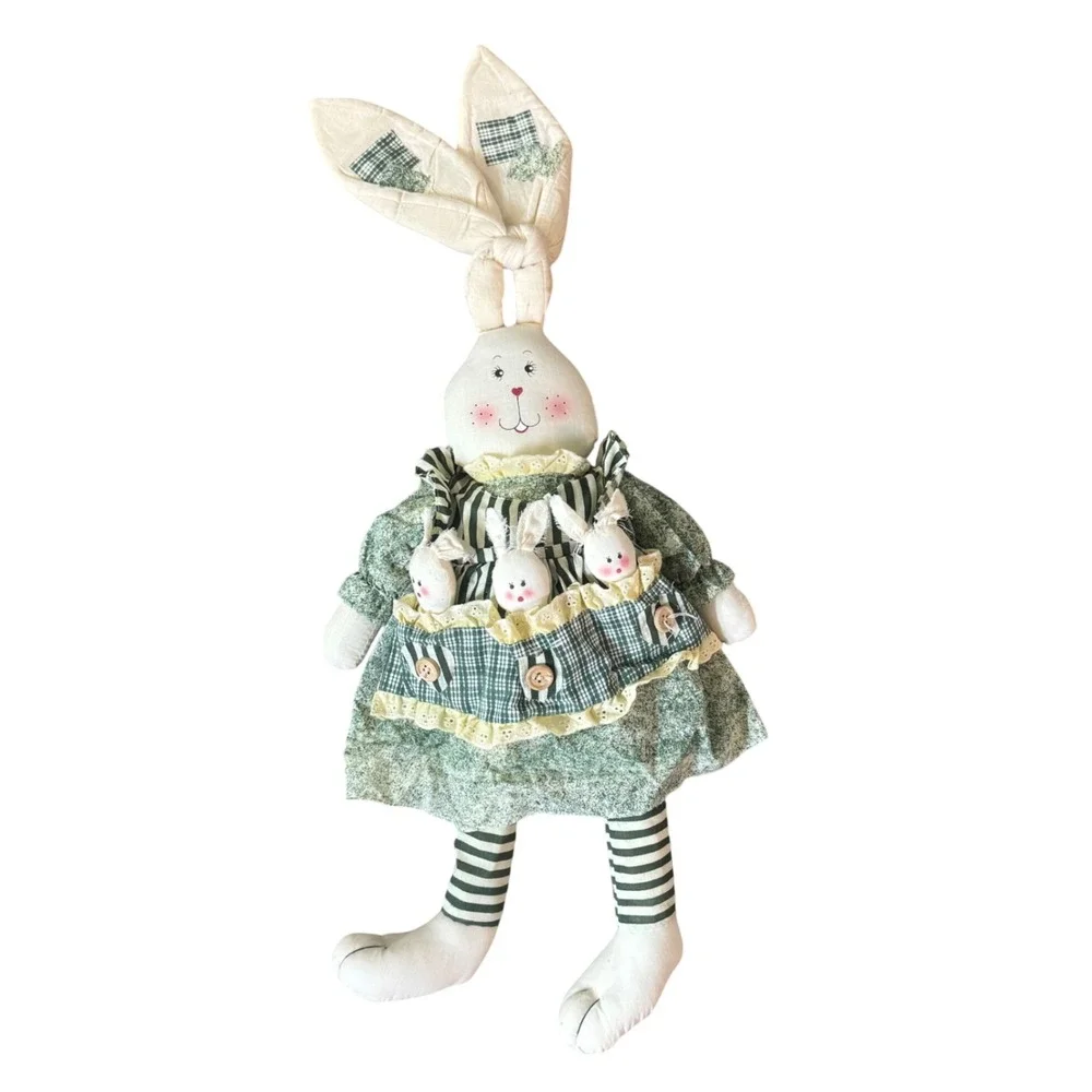 Vtg Primitive Cloth Plush Bunny Doll Green Floral Dress 3 Baby Bunnies Easter